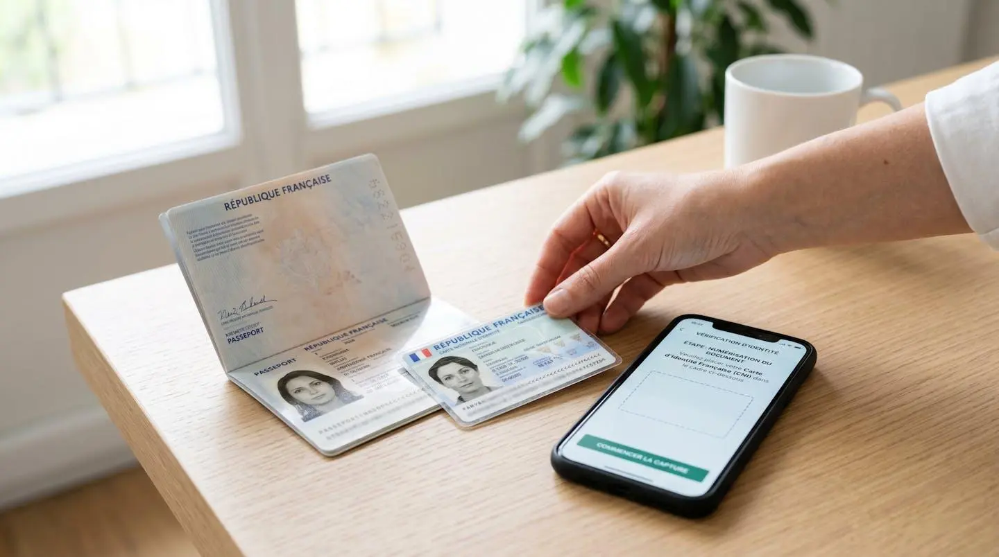 Documents d'identité français (carte nationale et passeport) posés sur un bureau à côté d'un smartphone affichant une interface de vérification d'identité en français