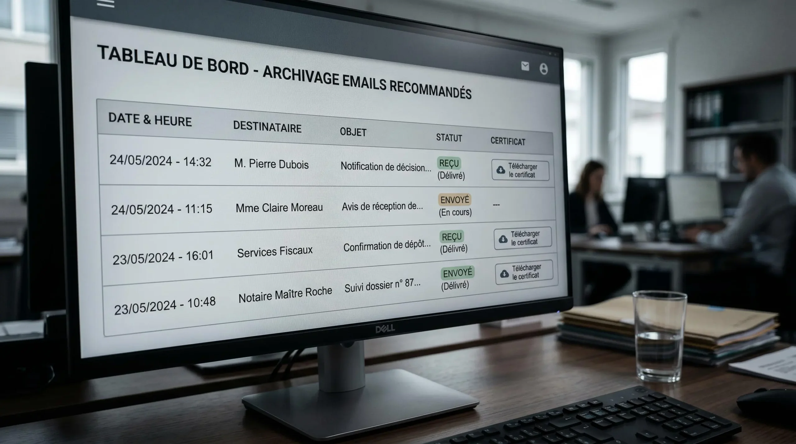 Écran d'ordinateur affichant un tableau de bord d'archivage de recommandés électroniques avec historique des envois, accusés de réception et certificats en français