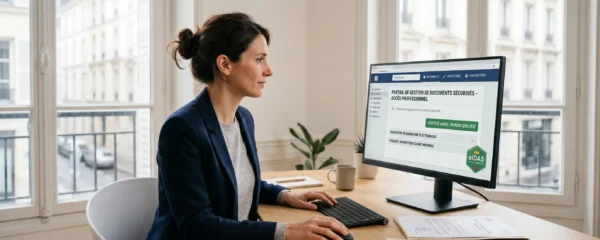 Professionnel dans un bureau moderne utilisant une plateforme de recommandé électronique sécurisée sur son ordinateur, avec des documents officiels sur le bureau