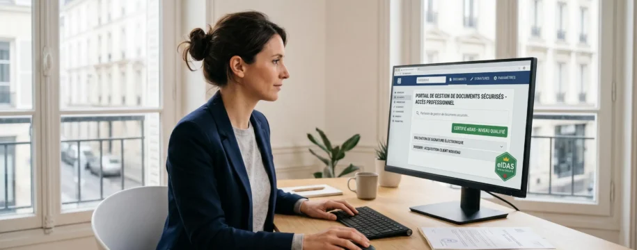 Professionnel dans un bureau moderne utilisant une plateforme de recommandé électronique sécurisée sur son ordinateur, avec des documents officiels sur le bureau